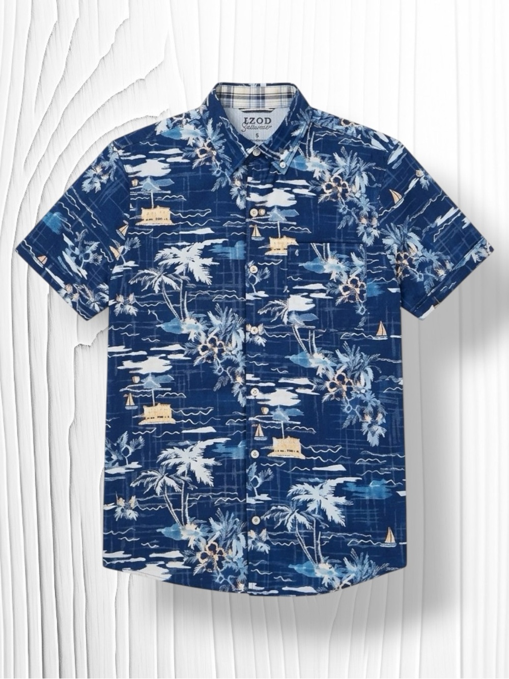 Izod Saltwater Shirt Blue Tropical Palm Tree Sailboat 100% Cotton Grandpacore S